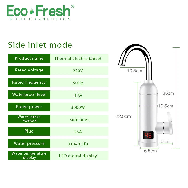 Ecofresh Instant Hot Water Heater Tap Fast Instantaneous Thermostat for Water Heater 3000w Electrical Faucet Temperature Display