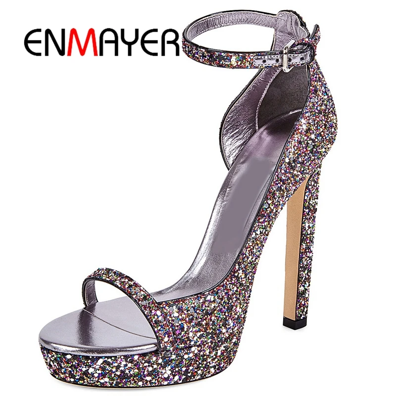 

ENMAYER New Arrival women classic Bling shining platform high heel lady thin heel buckle strap Big size 34-43 ZYL222