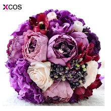 Красивый фиолетовый розовый свадебный букет ручной работы, искусственный цветок гортензии, пион, роза, брошь для невесты, букеты