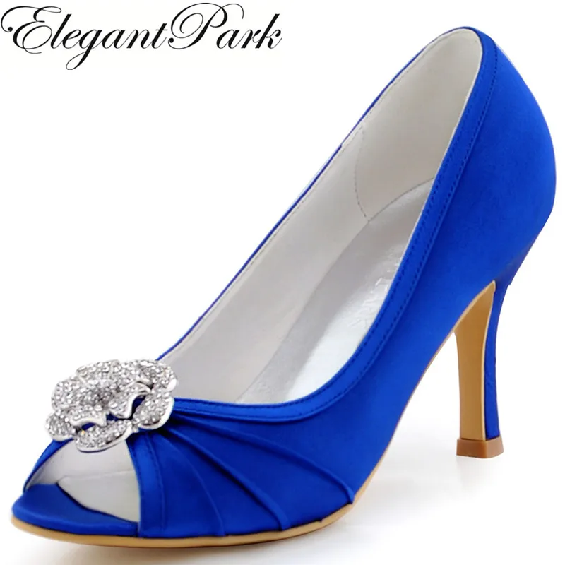 Woman Wedding Bridal Shoes Navy Blue High Heel Peep Toe Rhinestones