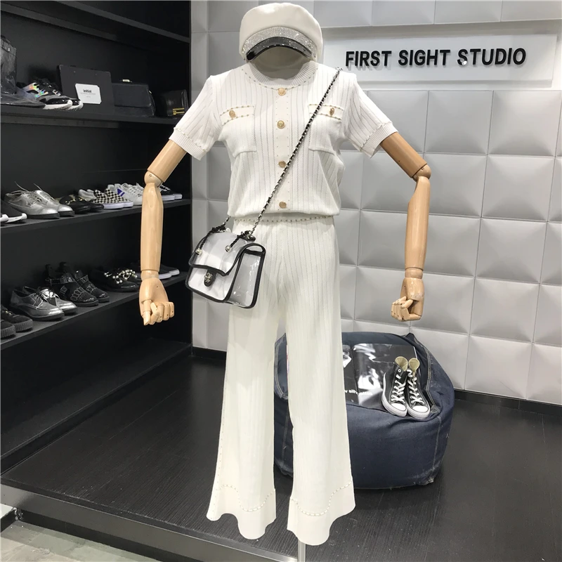 

Women Golden Button Hollow Out Knitting Pullover Tops +Wide Leg Pant 2PCS Set Knitted Short Sleeve Knit Trousers Clothing Suit
