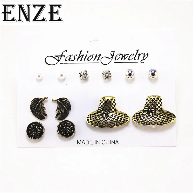 ENZE free shipping new fashion earrings color round imitation pearl retro hat girl accessories woman Ear stud combination | Украшения и
