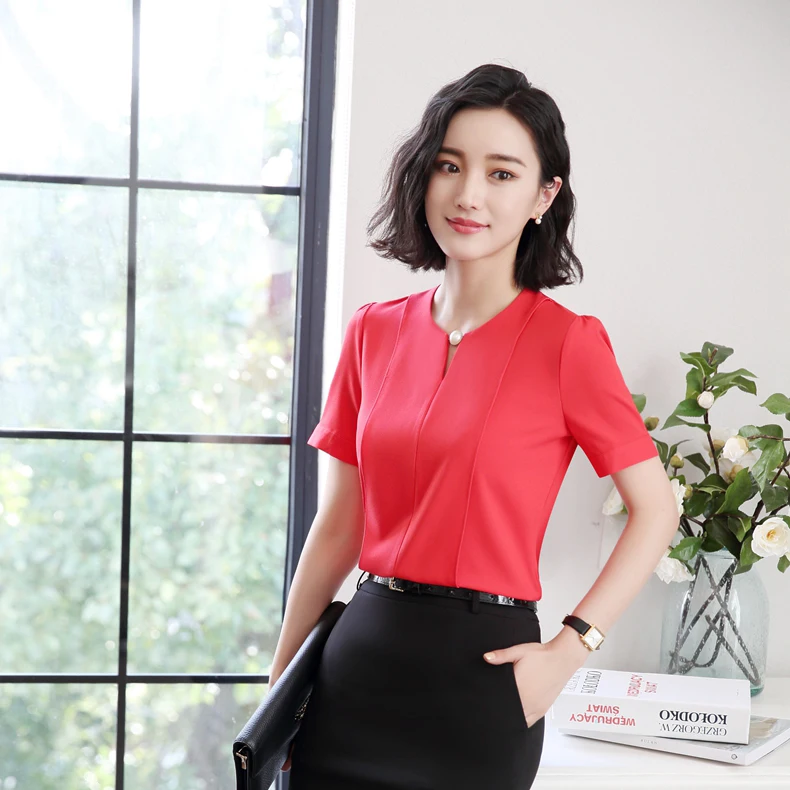

Women Work Uniform Formal Business Wear Blouse Korean Fashion Pearl O-Neck Sleeve Ladies Office Shirt Solid Slim Summer Tops