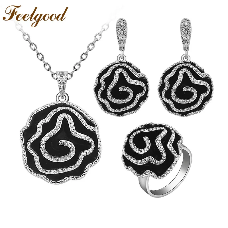 Feelgood Fashion Jewellery Necklace Sets Classic Black Enamel And Crystal Heavy Flower Jewelry Set For Bridal