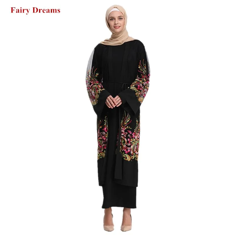 

Muslim Robe Women Hijabs Black Mesh Abaya Dubai Flowers Embroidery Bangladesh Long Cardigan Turkish Islamic Clothing Headscarf