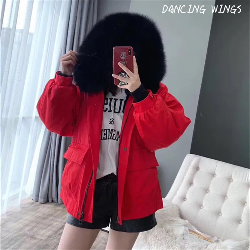 

New Winter Women Fur Parka Real Fur Collar Hooded Short Coat Natural Rabbit Fur Lining Casual Female Warm Parka