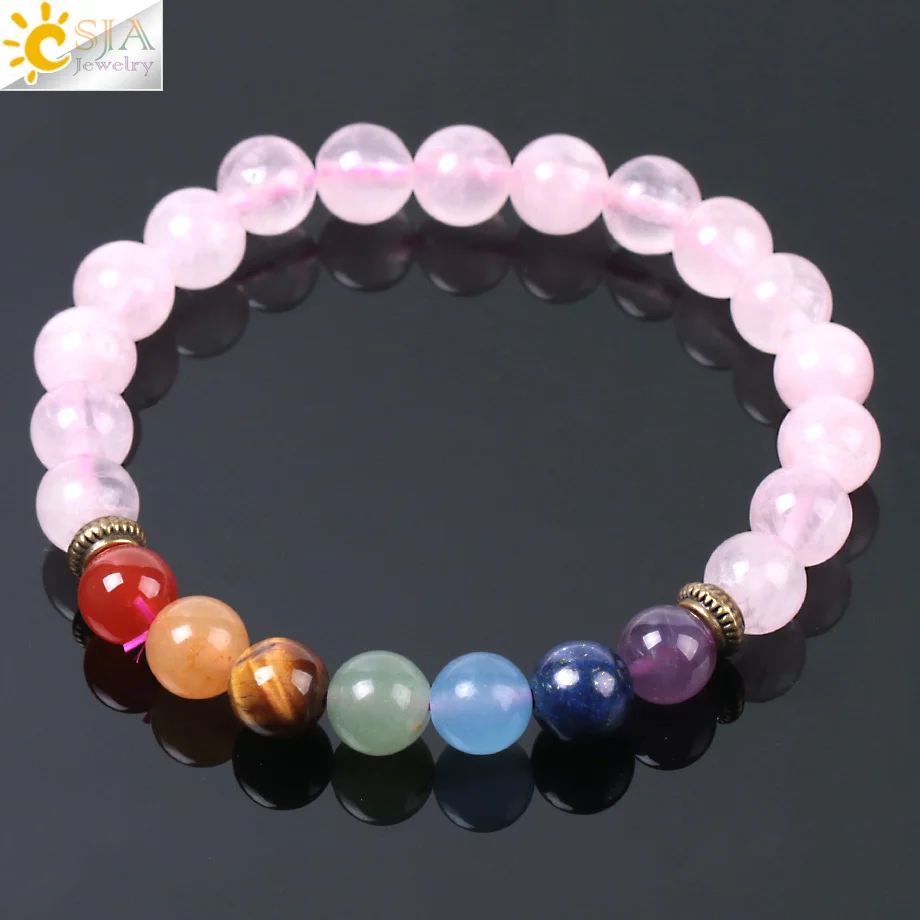 

CSJA 7 Chakra Natural Stone Bracelet Pink Quartz Stone Beads Yoga Reiki Healing Balance Bracelets Life Energy Women Jewelry E954