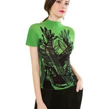 Changpleat, летняя коллекция, новые принтованные женские футболки Miyak, плиссированные, супер тянущиеся, с коротким рукавом, облегающие, с высоким воротом, топы, футболки, модные