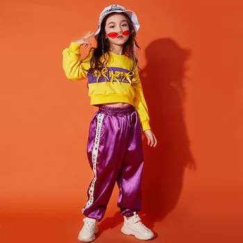 

Hip Hop Costume Kids Children Jazz Dance Costumes For Girls Street Dance Clothing Yellow Long Sleeve Tops Stage outfits DQS1023