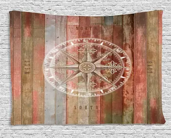 

Marine Life Tapestry Ocean Sea Life Yacht Themed Warm Colored Wooden Backdrop with Compass Image Wall Hanging for Bedroom Dorm