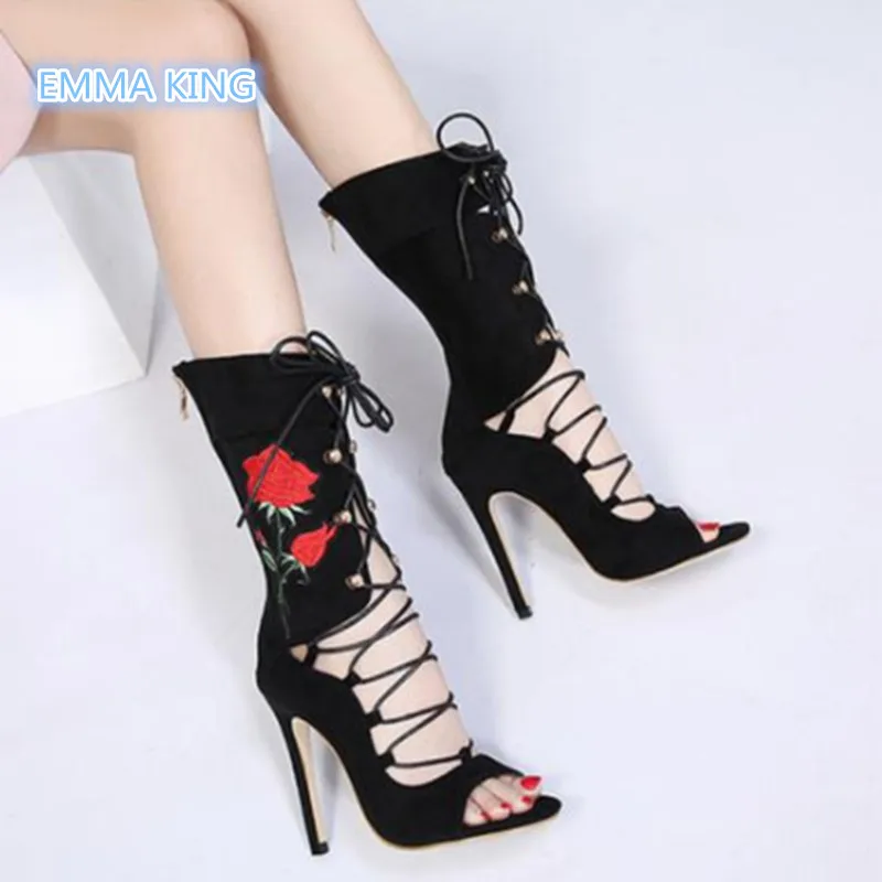 

Autumn Spring Embroidered Lace Up High Heels Women Boots Pointed Peep Toe Hollow Sexy Roman Sandals Cross-tied Stilettos Shoes