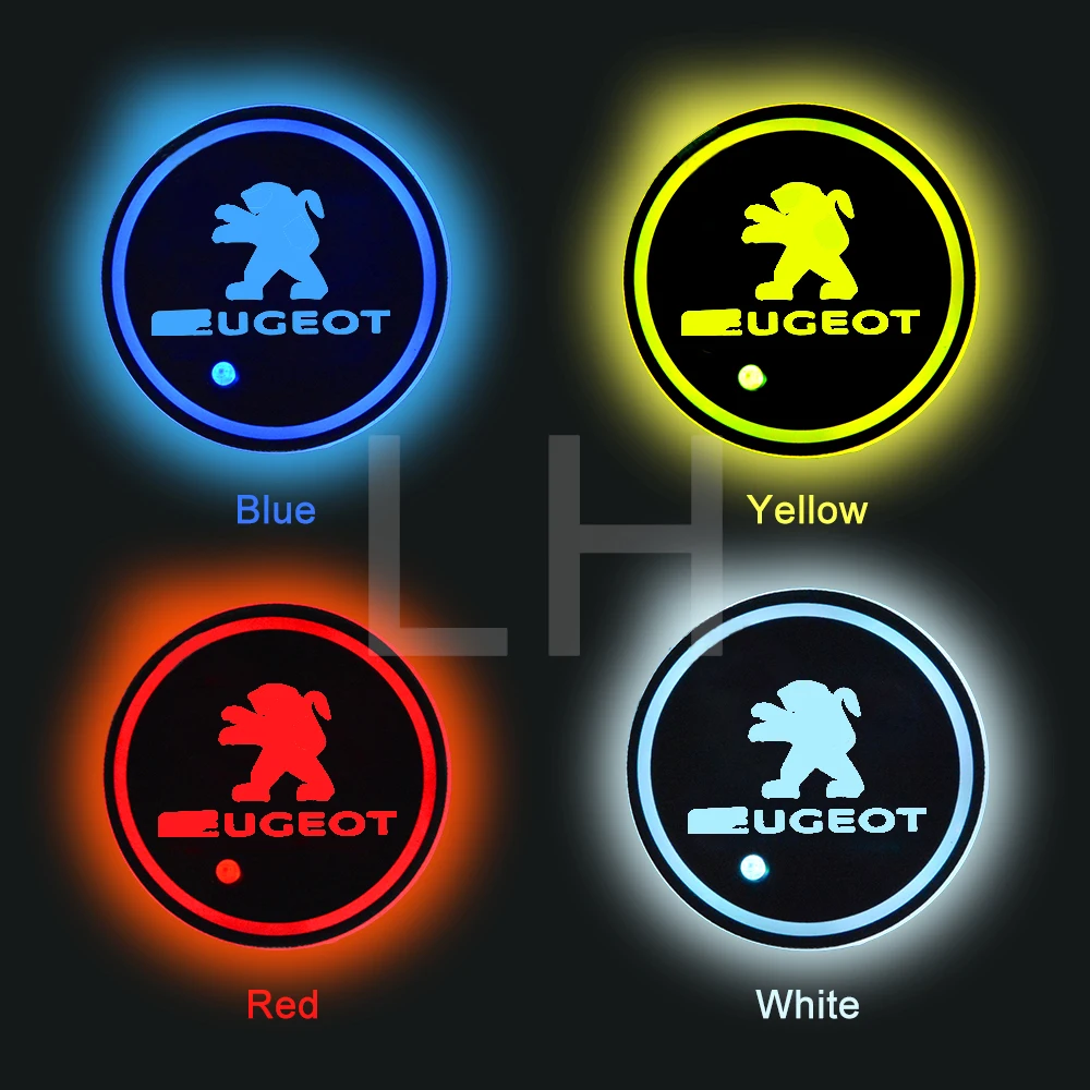 

2x for PEUGEOT Car Auto Anti-Slip Mat Waterproof Solar LED Light Lamp Cup Holder Mat Pad Bottle Drinks