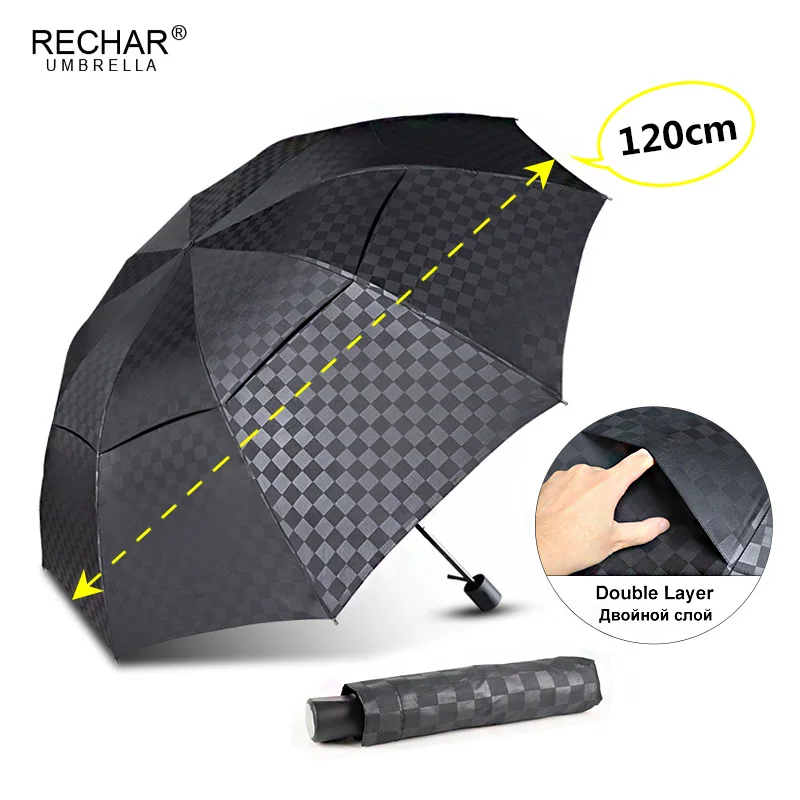 Online Doble capa oscuro paraguas grande con diseño de cuadrícula lluvia mujeres 3 plegable 10Rib paraguas de negocios a prueba de viento paraguas de viaje para la familia paraguas parasol