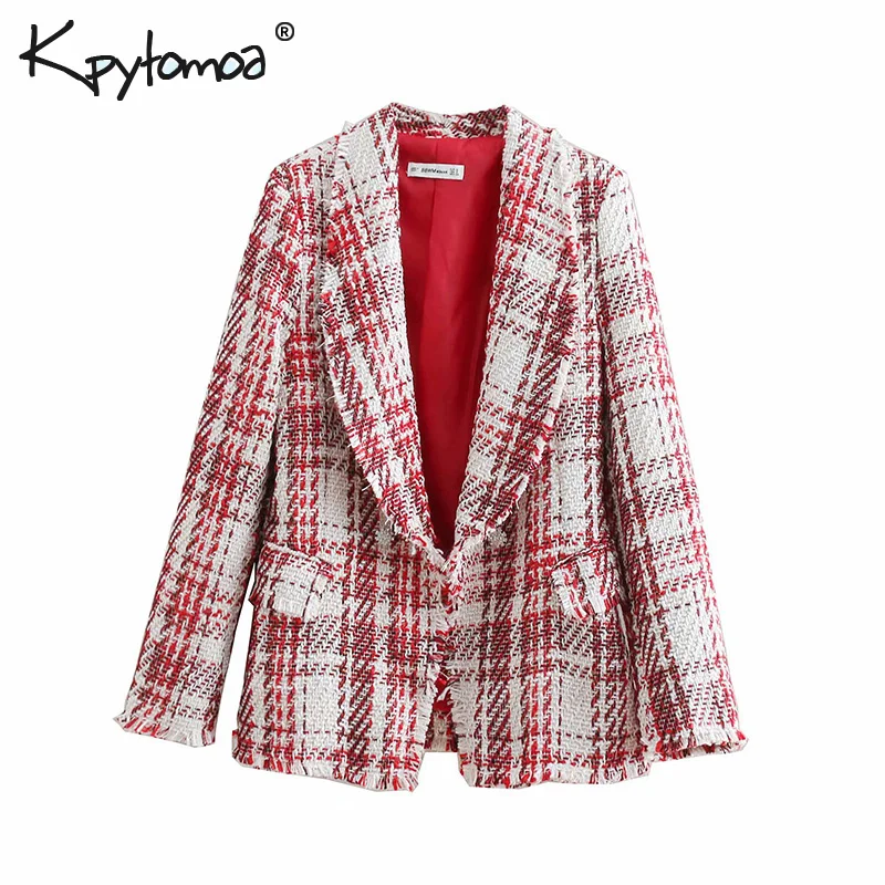 

Vintage Frayed Tassel Tweed Plaid Basic Blazers Coat Women 2019 Fashion Notched Collar Long Sleeve Outerwear Casual Casaco Femme