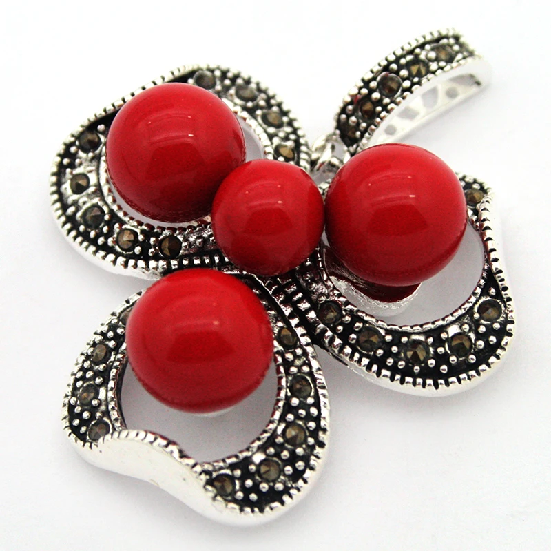 

vintage 925 silver red coral bead marcasite pendant 47x37MM
