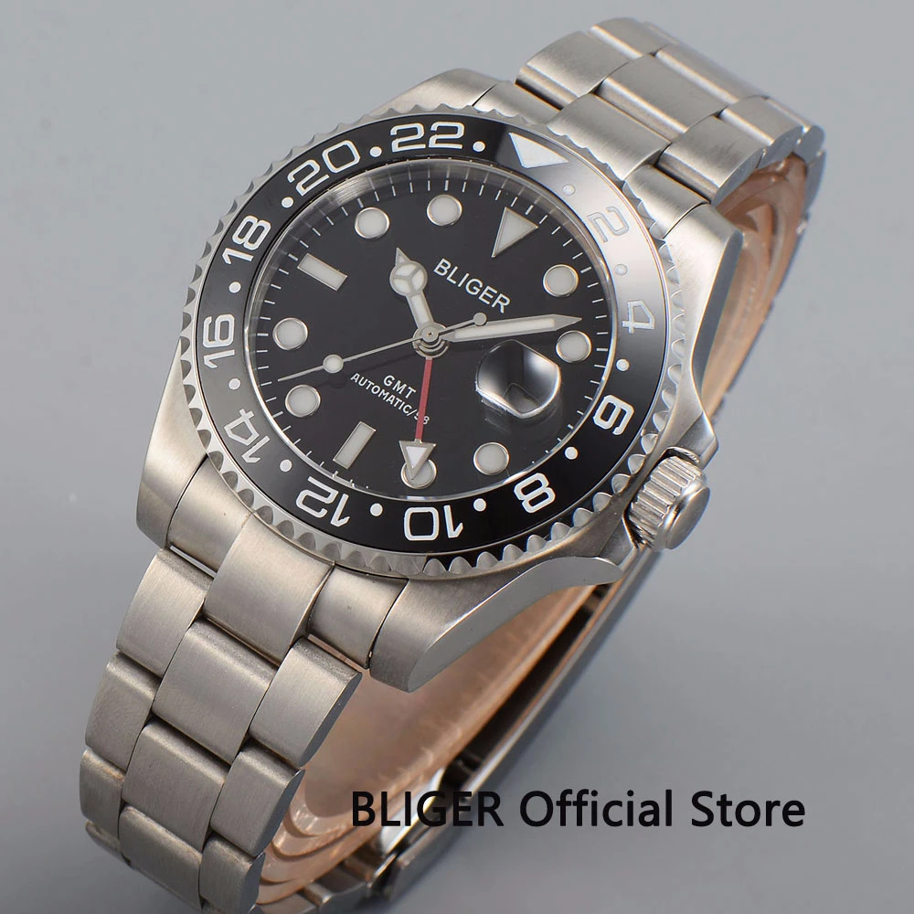 43 мм BLIGER GMT Для мужчин часы черный светящийся циферблат сапфировое стекло, автоматические наручные часы