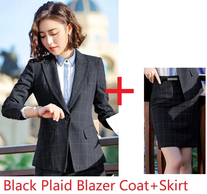 Black Plaid Модные клетчатые униформы, профессиональные деловые костюмы с юбкой и топами для женщин, Офисная Рабочая одежда, блейзеры, набор - Цвет: Black Plaid