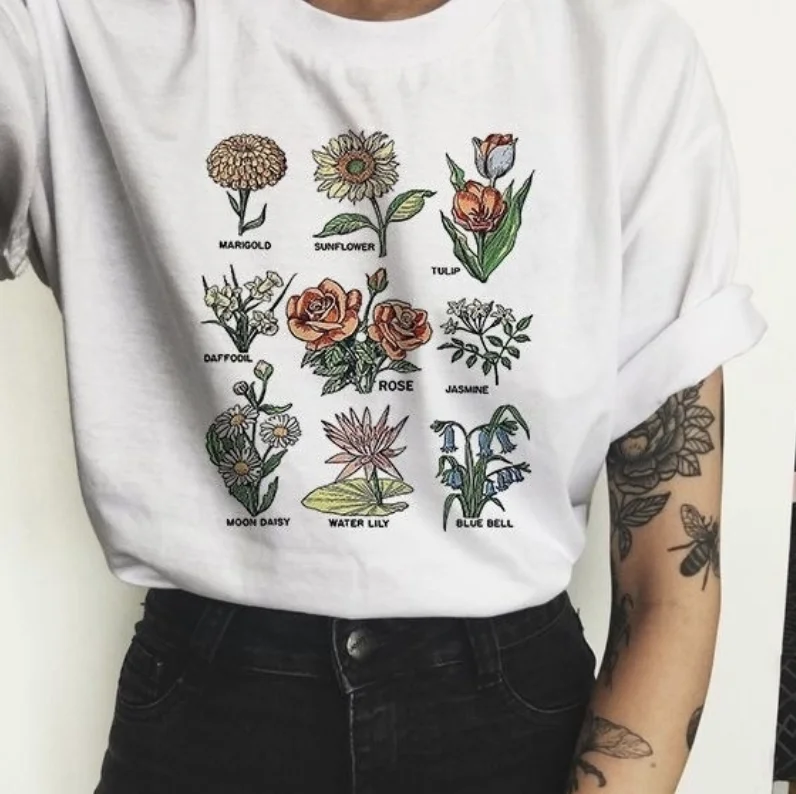 Растительная винтажная рубашка с цветочным принтом 90 s Модные гранж топы для путешествий - Цвет: Белый