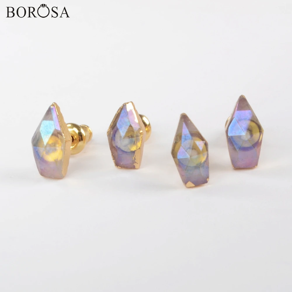 BOROSA 5/10 пар в комплекте; золотистые; натуральный белый кварцевый Титан AB покрытие граненый серьги-гвоздики с украшением в виде кристаллов кварца Для женщин серьги ювелирные изделия из жемчуга G1850