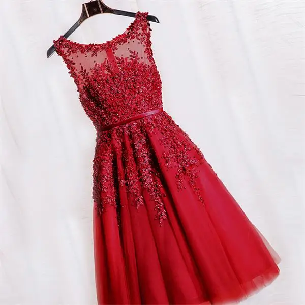 dark red Robe De Soiree красный o-образный Вырез Аппликация до колена и отделка бисером тюль А-силуэт без рукавов вечерние платья для выпускного вечера невесты - Цвет: dark red
