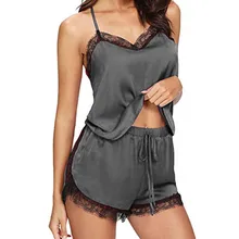Sleepwear Pyjamas Women Nightwear Spaghetti-Strap Satin-Cami Lace Sexy for Summer Top--Shorts