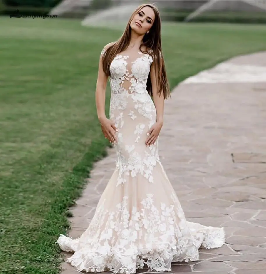light champagne Lakshmigown, винтажное кружевное свадебное платье русалки, светильник цвета шампань,, сексуальное женское длинное свадебное платье с коротким шлейфом, Brautkleid - Цвет: light champagne
