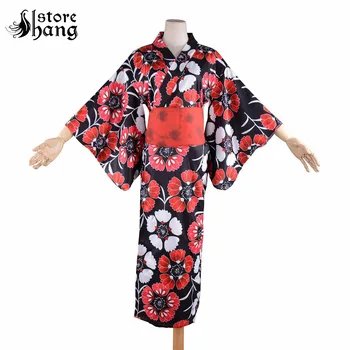

Traditional Japanese Floral Kimono Women's Yukata DKimono Robe With Obi Belt Delicate Floral Print Summer Pajamas set