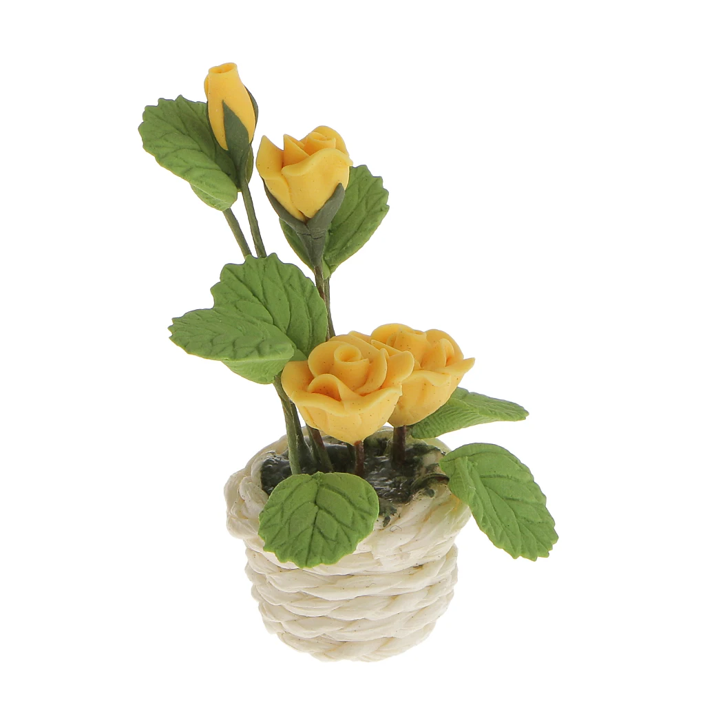 Miniature Yellow Rose Buds Flowers in White Rattan Pot Dolls House Fairy Garden Plant Ornament Accessory