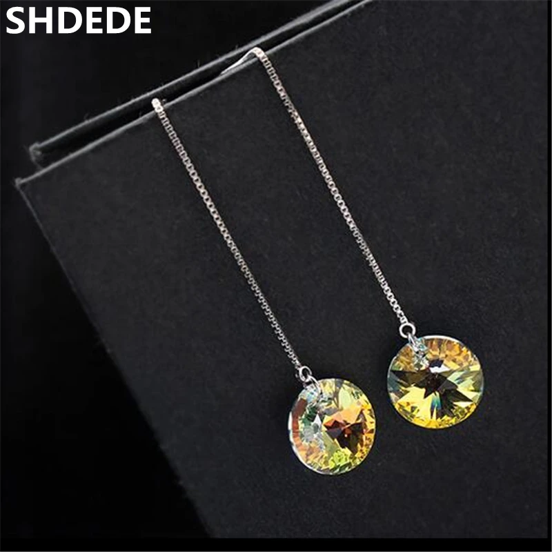 

SHDEDE Round Pendants Crystal from Swarovski Long Drop Dangle Earrings Bride Party Jewelry Women Statement Accessories -23077