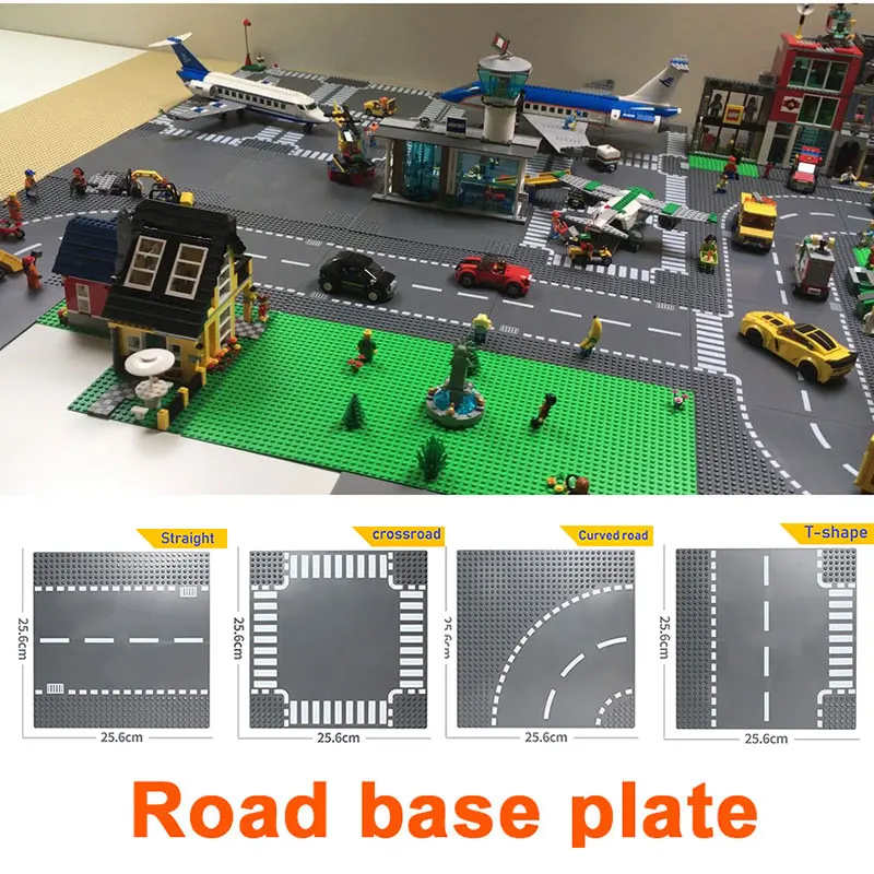 Городская дорога опорная плита прямой перекладина улица вид дорога Базовая пластина строительные блоки совместимый брэнк город Кирпичи игрушки для детей