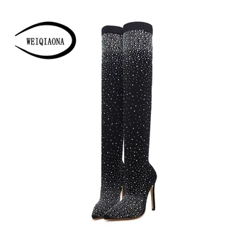 

WEIQIAONA 2018 New Women's Sexy High Heel Boots New Personality Pointed Toe Bilngs Crystal Knee-high Boots Nightclub Shoes