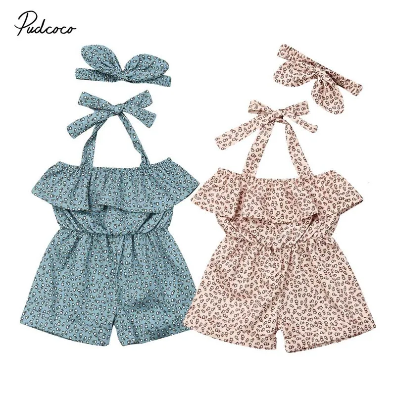 

2019 Brand Newborn Baby Girls Floral Print Romper Headband Summer Boho New Ruffle Bandage Jumpsuit Outfit Holiday Clothes
