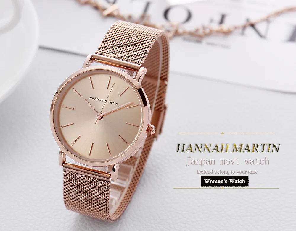 Hannah Martin Роскошные Кварцевые женские часы из розового золота сетчатые часы из нержавеющей стали модные элегантные женские наручные часы Bayan Kol Saati