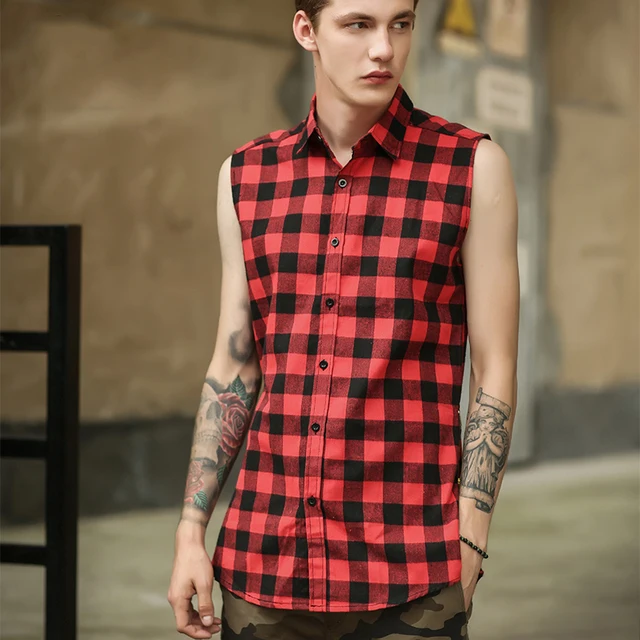 Men's British Style Plaid Shirts Summer Sleeveless Side Zipper Arc Hem Dress Shirt Men Hip Hop