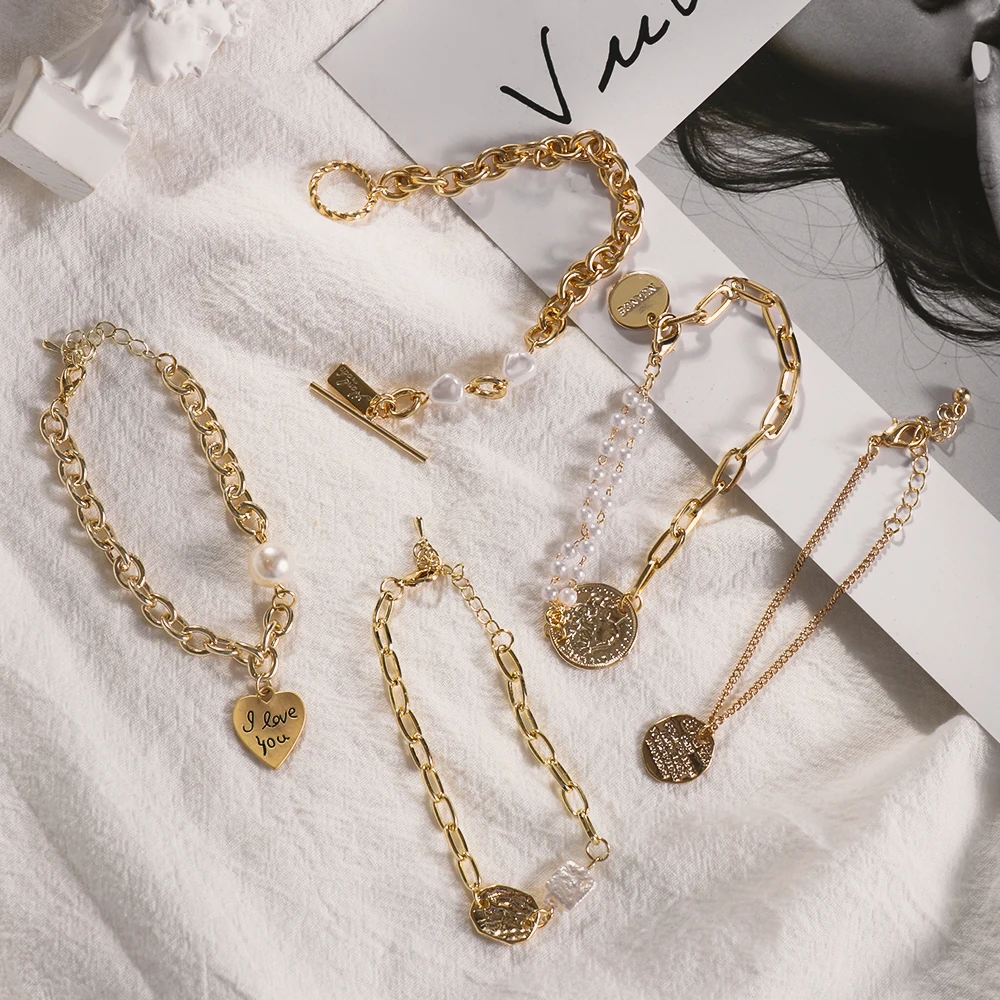 

1PC New Freshwater Pearl Bracelets Baroque Irregular Gold Metal Link Chain Bracelets for Women Girl Summer Fashion Jewelry