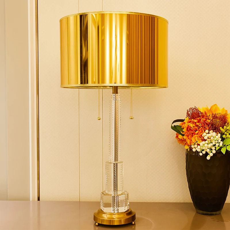 

Golden Lampshade K9 High Grade Crystal Table Lamp For Living Room For Bedroom Double Lighting E27 Hand Carved Crystal Table Lamp