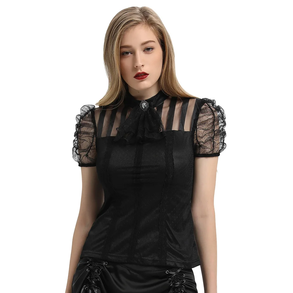  Gothic Victorian Steampunk LACE UP Shirt Women Puff Sleeve Sheer Mesh Top Blouse gothic vintage ele