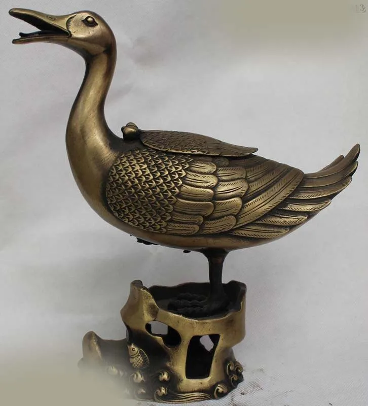 

DS 10"Chinese China Bronze Beautiful swan cyprinoid Statue Incense Burner Censer