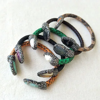 

5pcs Natural Leather Druzy Pearl Stone Snake Leather Bangle, with Crystal Rhinestone Paved Jewelry Bracelet BG18