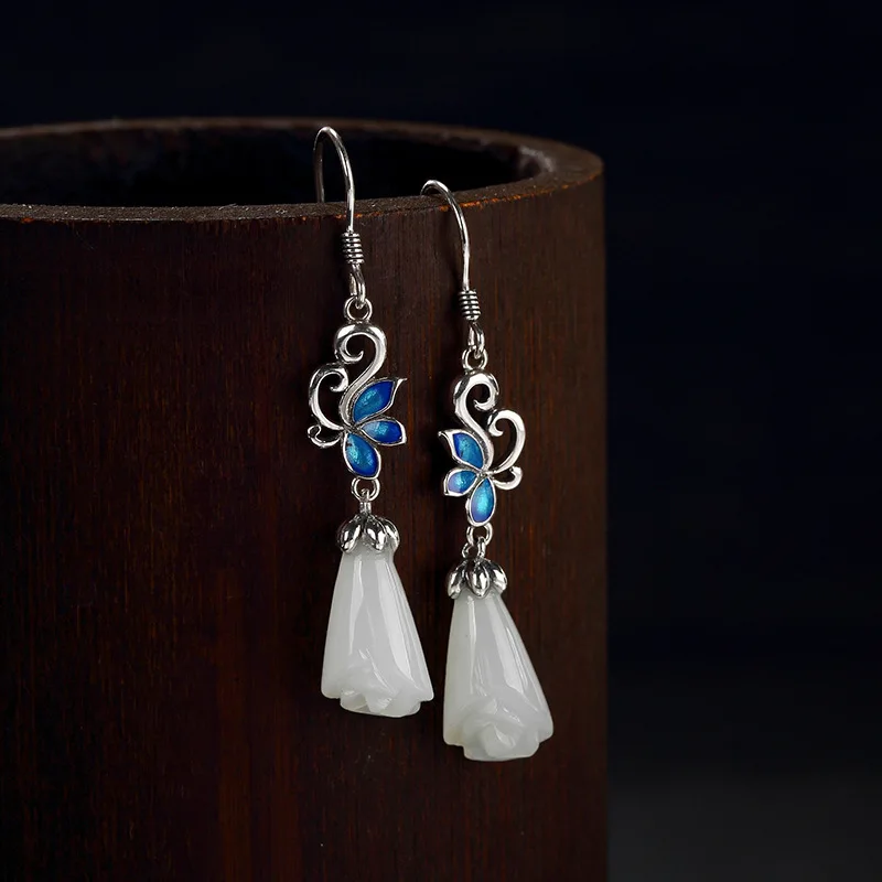 

Silver S925 Pure Silver Natural Hetian Jade White Jade Orchid Cloisonne Butterfly Retro Earrings Earrings