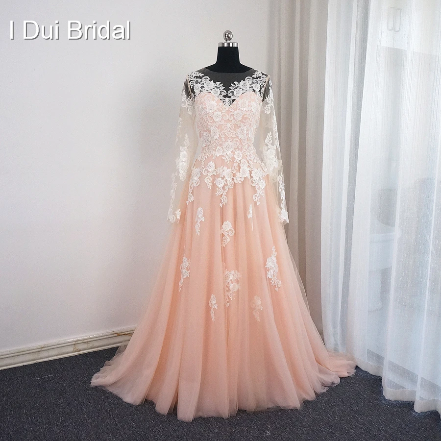 A line Blush Wedding Dresses Real Photo Long Sleeve Sheer Back High Quality Illusion Neck Lace Appliqued