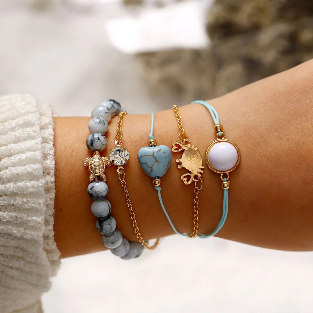 

5 Pcs Set Bracelet Wristlet Exquisite Bracelets Fabulous Wristband Jewelries Crab Turtle Natural Stone Heart Shape Bracelet