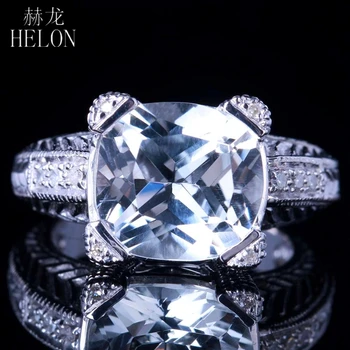 

HELON Solid 10K White Gold Cushion 12mm Flawless 7CT White Topaz Pave Diamonds Milgrain Engagement Vintage Trendy Jewelry Ring
