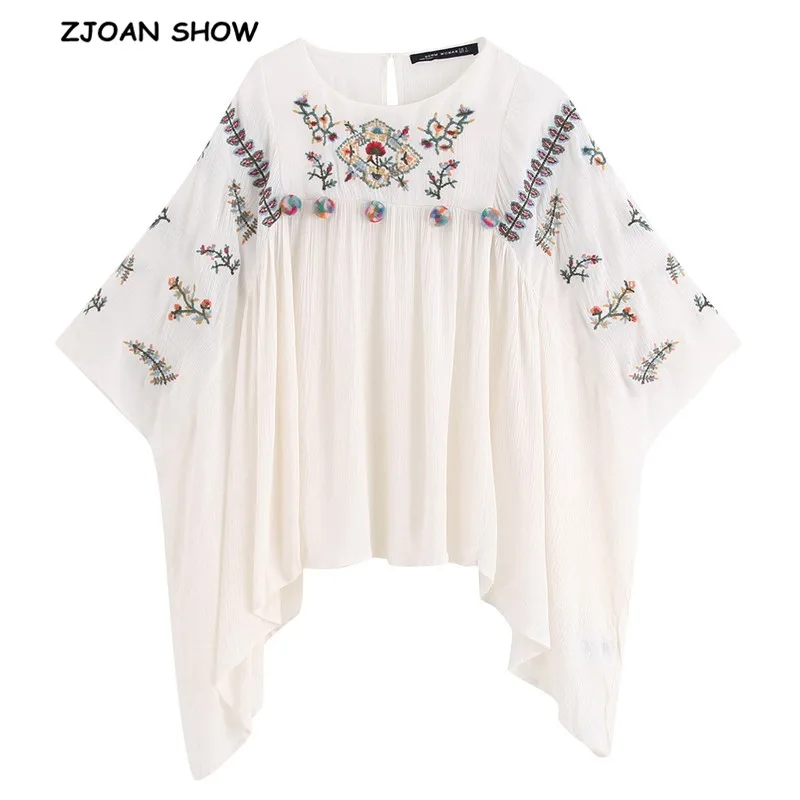 

2019 Ethnic Spliced Ball tassel Flower Embroidery Cape Shirt Summer 3/4 Batwing Sleeve Pullover Blouse Tops blusa chemise femme