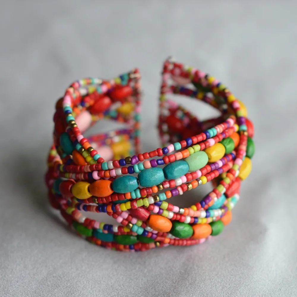 Fashion Wrap Bracelet mix color Seed beads rainbow Wooden beads Woven Braceletin Strand