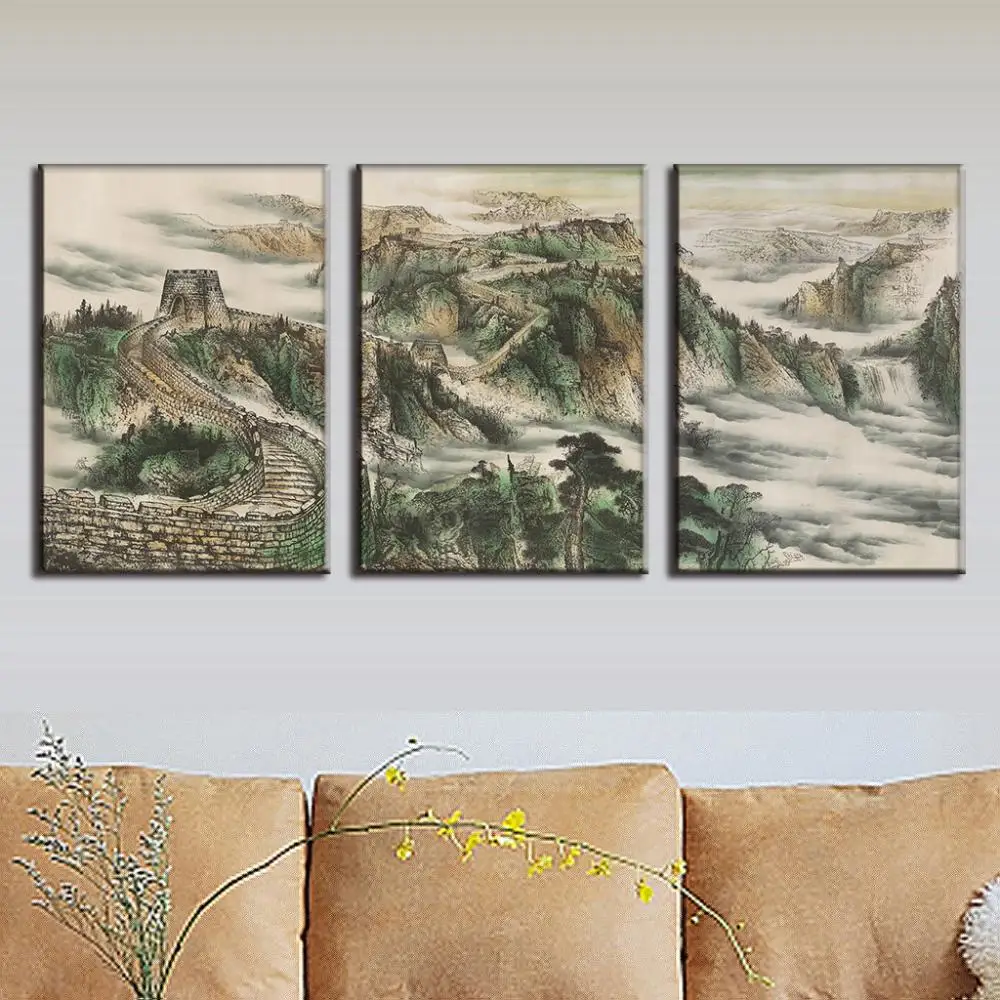 3-Pcs-Set-Landscape-The-Great-Wall-Ink-Painting-Prints-On-Canvas-Retro-Traditional-Chinese-Ink