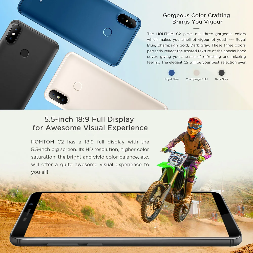 HOMTOM C2, 4G, 5,5 дюйма, 2 ГБ, 16 ГБ, Android 8,1, 13 МП, две камеры заднего вида, 3000 мАч, 18:9 Безель, мобильные телефоны, смартфон с функцией распознавания лица