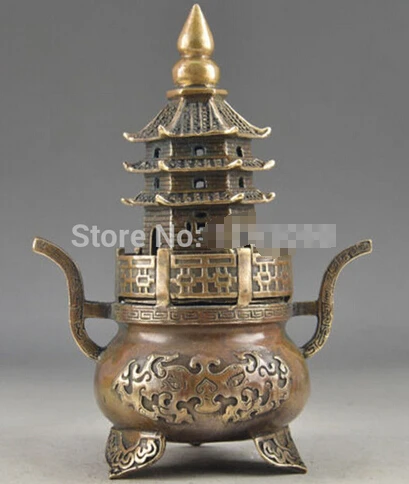 

Fast shipping Brass Buddha Exorcism Handwork Old Hammered Pagoda Totem Incense Burner