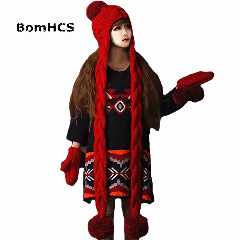 BomHCS Красная Шапочка с шарфом + перчатки (2 шт. костюм) Симпатичные Для женщин теплые зимние ручной шапка шапки