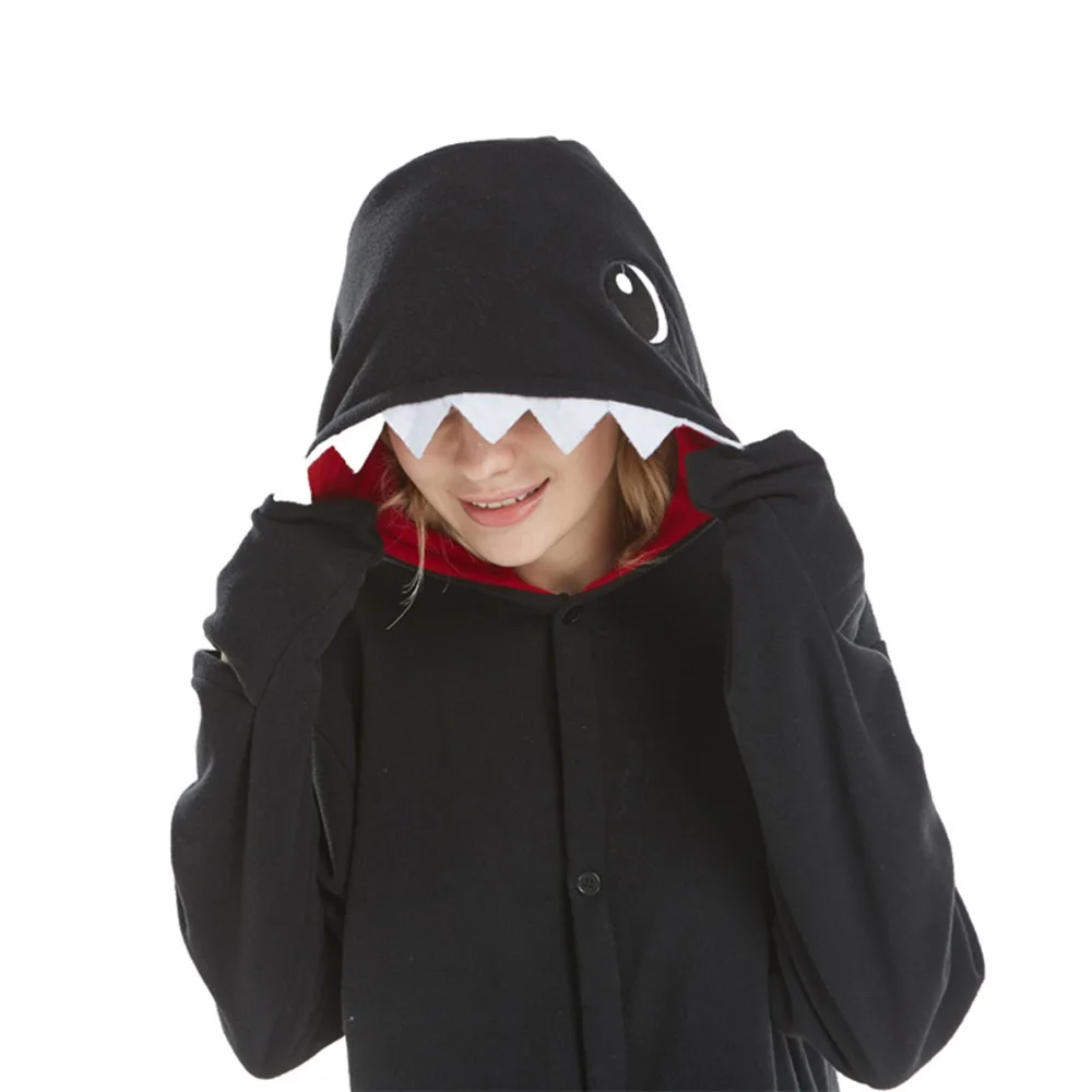 Флис кигуруми Черная Акула Пижама для косплея для животных костюм Взрослый унисекс Комбинезоны для сна